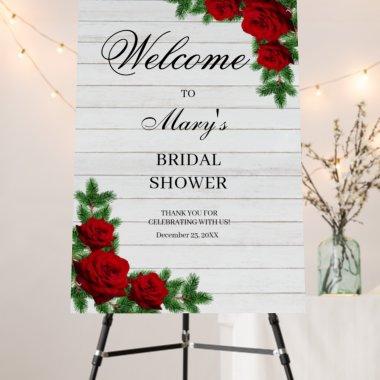 Red Roses & Pine Branch Bridal Shower Welcome Sign