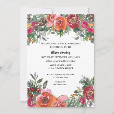 Red Roses & Pine Cones Watercolor Bridal Shower Invitations