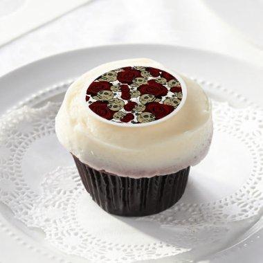 Red Roses & Skulls Black Floral Gothic White Edible Frosting Rounds