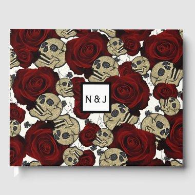 Red Roses & Skulls Black Floral Gothic White Guest Book