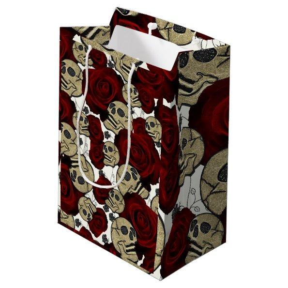 Red Roses & Skulls Black Floral Gothic White Medium Gift Bag