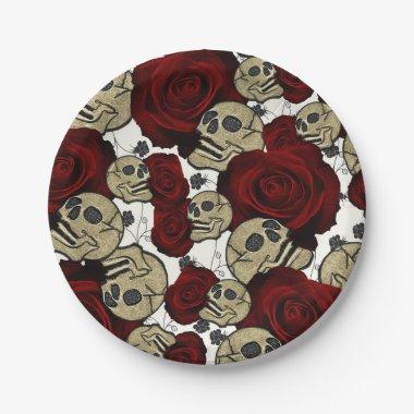 Red Roses & Skulls Black Floral Gothic White Paper Plates