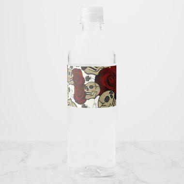 Red Roses & Skulls Black Floral Gothic White Water Bottle Label