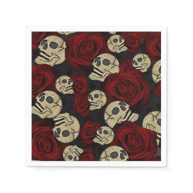 Red Roses & Skulls Grey Black Floral Gothic Napkins