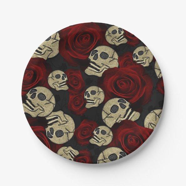 Red Roses & Skulls Grey Black Floral Gothic Paper Plates
