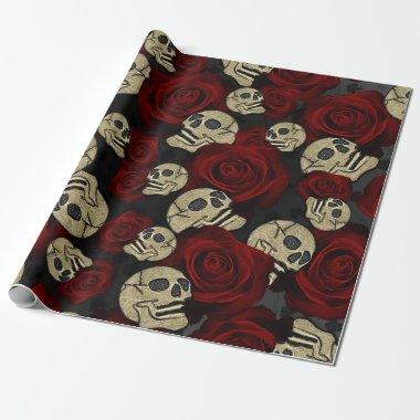 Red Roses & Skulls Grey Black Floral Gothic Wrapping Paper