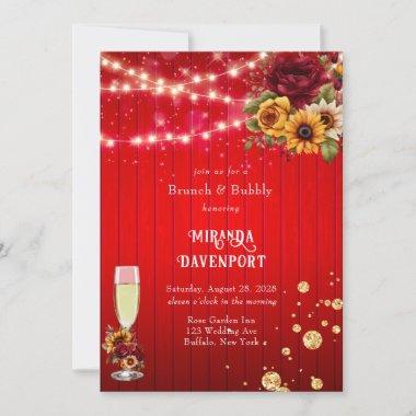 Red roses sunflowers light glitter brunch & bubbly Invitations
