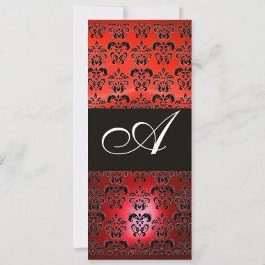 RED RUBY AND BLACK DAMASK MONOGRAM , white Invitations