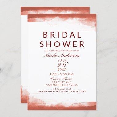 Red Rust Clay Watercolor Chic Bridal Shower Invitations