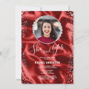 Red Satin Silver She Said Yes Bridal Shower Invitations