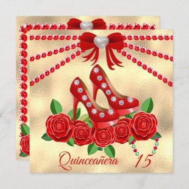 Red Shoes, Jewels And Rose Flower Quinceañera Invitations