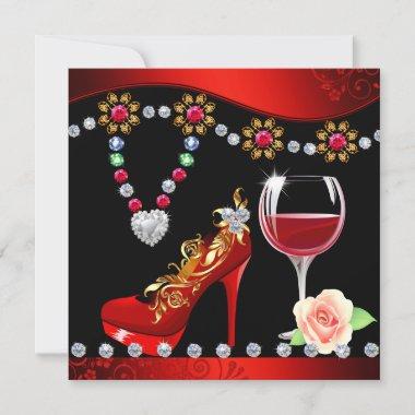 Red Shoes, Wine & Jewels Black & Red Bridal shower Invitations
