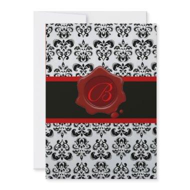 RED, SILVER AND BLACK DAMASK ,WAX SEAL MONOGRAM Invitations