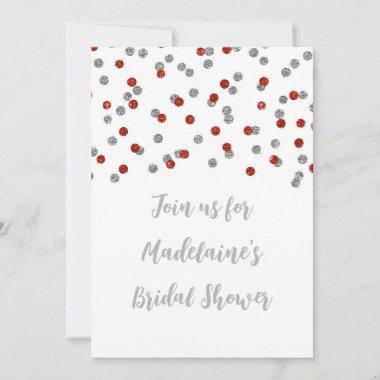 Red Silver Confetti Bridal Shower Invitations