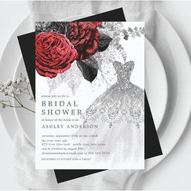 Red & Silver Floral Wedding Dress Bridal Shower Invitations