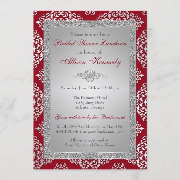 Red, Silver Glitter Damask Bridal Shower Invite