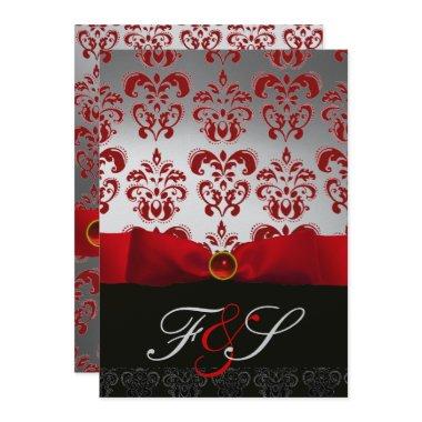 RED SILVER RIBBON & BLACK DAMASK MONOGRAM Ruby Invitations