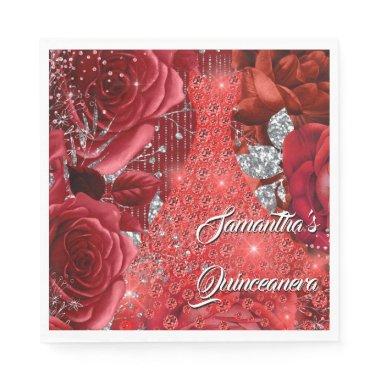 Red silver rose floral womans quinceanera napkins