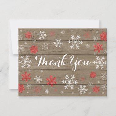 Red Snowflake Winter Rustic Wood Thank You Invitations