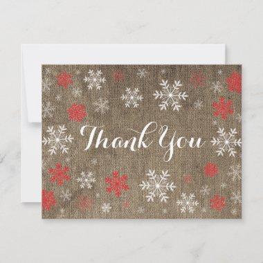Red Snowflakes Winter Burlap Thank You Invitations