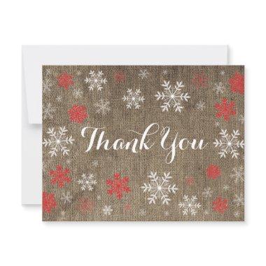 Red Snowflakes Winter Burlap Thank You Invitations