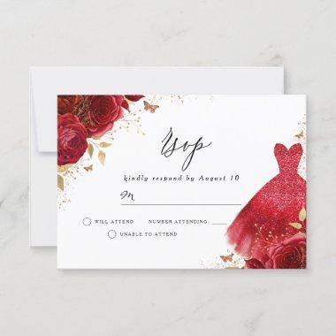 Red Sparkle Dress Rose Birthday Bridal Shower RSVP Card
