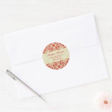 Red & Taupe Vintage Damask Lace Return Address Classic Round Sticker