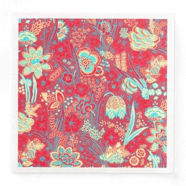 RED TEAL BLUE WILD FLOWERS TULIPS,LEAVES FLORAL PAPER DINNER NAPKINS