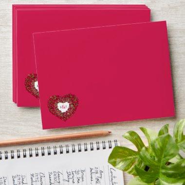 Red tulip heart drawing monogram wedding envelope
