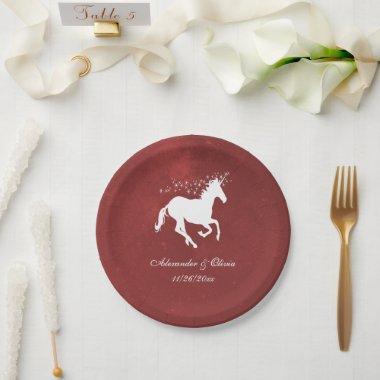 Red Unicorn Wedding Paper Plate