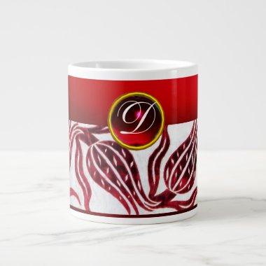 RED VELVET DAMASK TULIP MONOGRAM Burgundy White Giant Coffee Mug