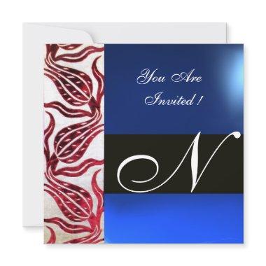 RED VELVET DAMASK TULIPS MONOGRAM Burgundy Blue Invitations