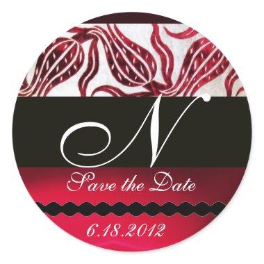 RED VELVET DAMASK TULIPS MONOGRAM Burgundy White Classic Round Sticker