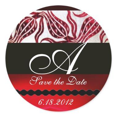 RED VELVET DAMASK TULIPS MONOGRAM Burgundy White Classic Round Sticker