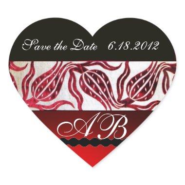 RED VELVET DAMASK TULIPS MONOGRAM Burgundy White Heart Sticker