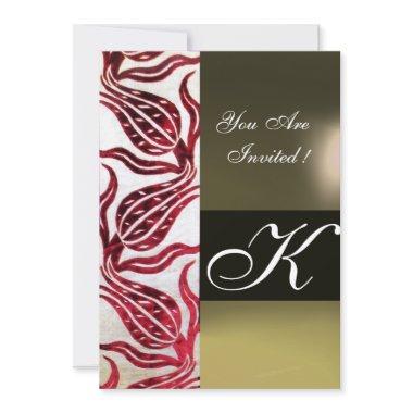 RED VELVET DAMASK TULIPS MONOGRAM Burgundy White Invitations