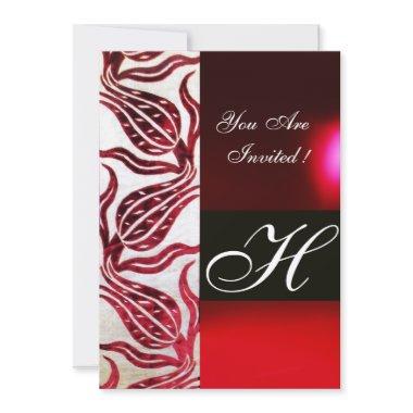 RED VELVET DAMASK TULIPS MONOGRAM Burgundy White Invitations