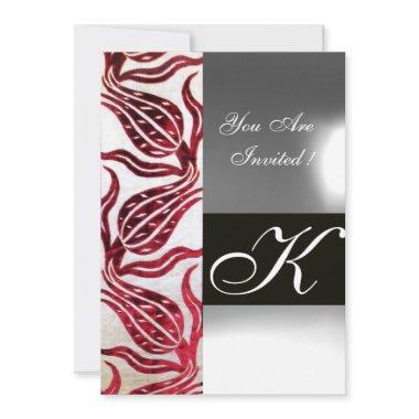 RED VELVET DAMASK TULIPS MONOGRAM Burgundy White Invitations