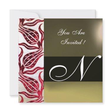 RED VELVET DAMASK TULIPS MONOGRAM Burgundy White Invitations