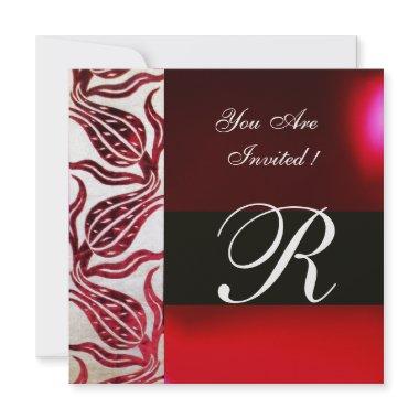 RED VELVET DAMASK TULIPS MONOGRAM Burgundy White Invitations