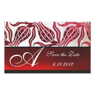 RED VELVET DAMASK TULIPS MONOGRAM Burgundy White Rectangular Sticker