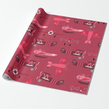 Red vintage retro airplane pattern wrapping paper