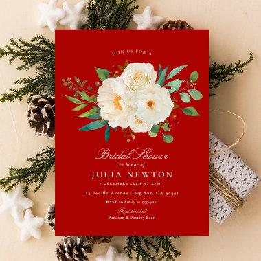 Red Watercolor Christmas Floral Bridal Shower Invitations