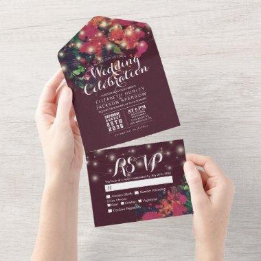 Red Watercolor Flowers String Lights Wedding RSVP All In One Invitations