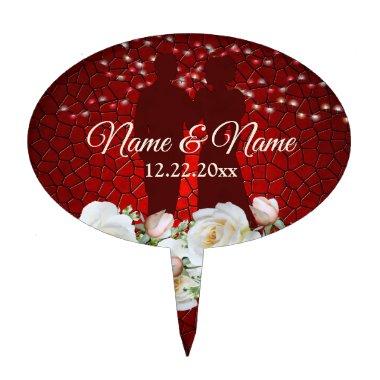 Red Wedding Party White Floral Modern Cake Topper