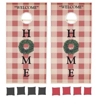 Red “Welcome” HOME Farmhouse Plaid Gingham Modern Cornhole Set