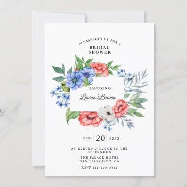 Red White and Blue Floral Patriotic Bridal Shower Invitations