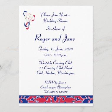 Red, White, & Blue, Damask Bridal Shower Invitations