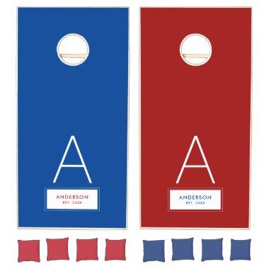 Red White Blue Family Modern Monogram Name Cornhole Set