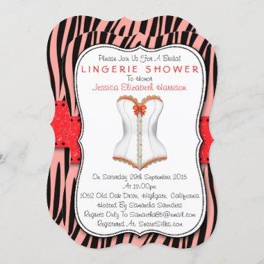 Red & White Corset On Zebra Print Lingerie Shower Invitations